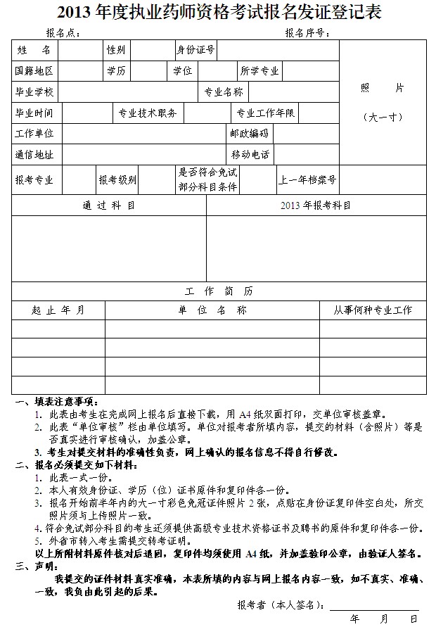 2013年广州执业药师报名发证登记表