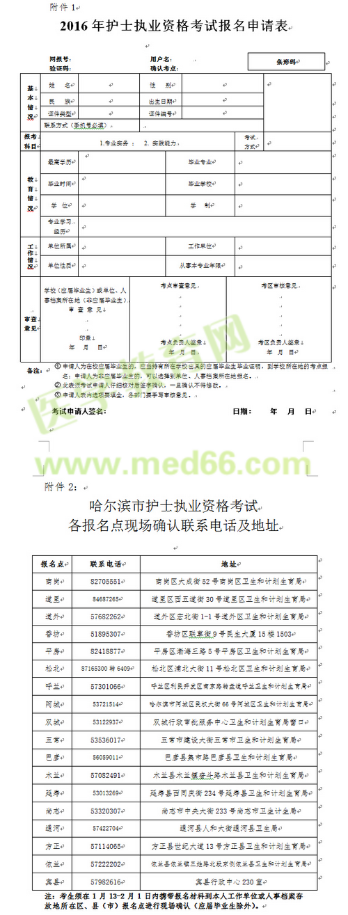 哈尔滨市2016年护士执业资格考试现场确认联系电话及地址（点击查看大图）：