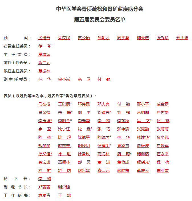 中华医学会骨质疏松和骨矿盐疾病分会第五届委员会委员名单