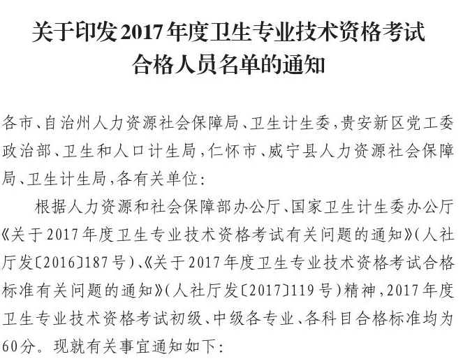 贵州2017年卫生资格考试分数线及合格人员名单