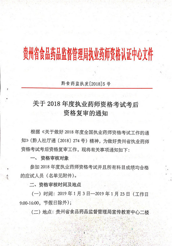 贵州2018年执业药师考后复审通知及合格人员名单公布！