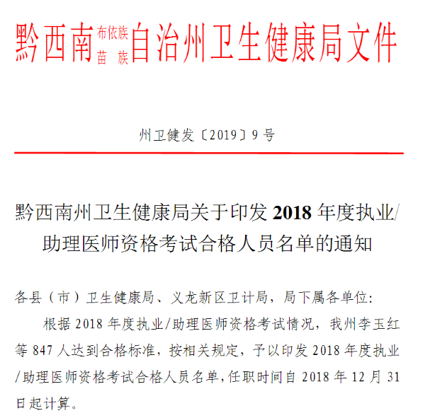 黔西南州2018年度执业助理医师资格考试合格人员名单