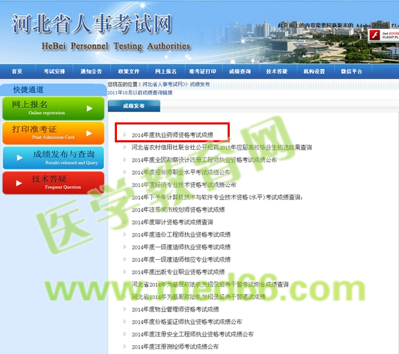 2014年河北省执业药师成绩查询入口开通