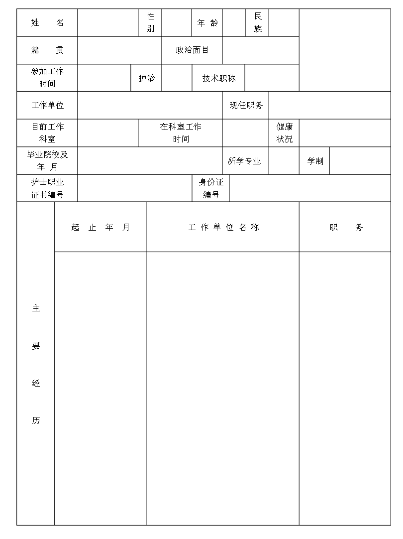 护士进修申请表