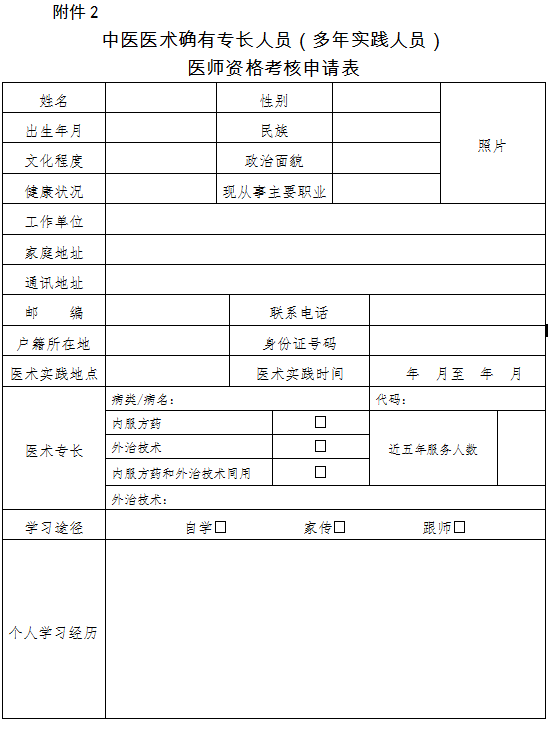 2018中医医术确有专长人员（多年实践人员）医师资格考核申请表下载