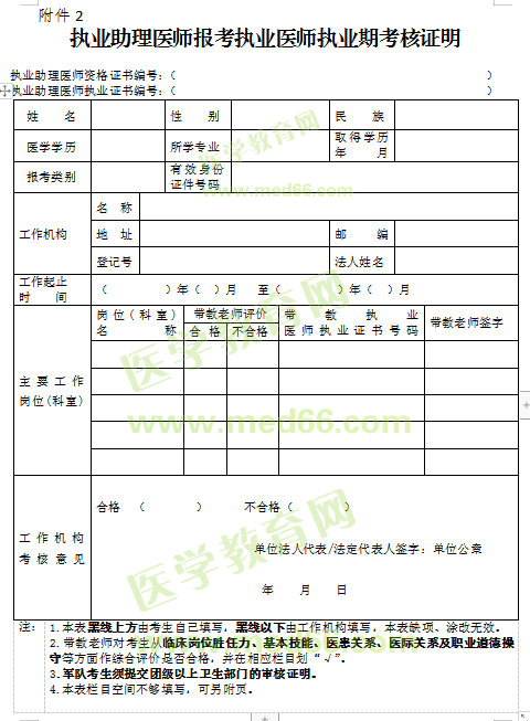 执业助理医师报考执业医师执业期考核证明模板下载